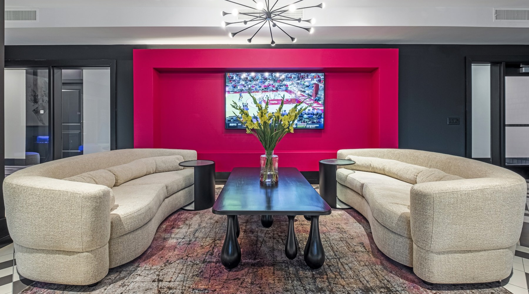 a clubroom with a tv and two couches