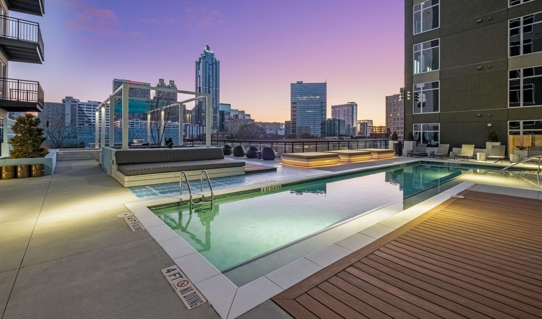 Outdoor pool at sunset at 505 Courtland Atlanta downtown apartments.